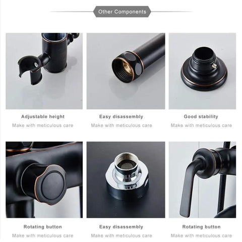 UMJIGF Shower System with Cold and Hot Water Wall Mounted Shower Faucet Set components showing adjustable height, rotating button, and good stability.