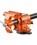 Heavy Duty Bench Vise In Beast Mode With 6 Inch Jaw Width, Double Swivel Rotating Head, Locking Base For Garage Upgrades, Rock Solid Ductile Iron Workhorse For Everyday Grinds, detailed view of orange ductile iron clamp.
