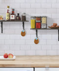 Kitchen with floating shelves mounted with Black 8 Inch Heavy Duty Floating Shelf Brackets Set of 4 with Rustic Tree Branch Design