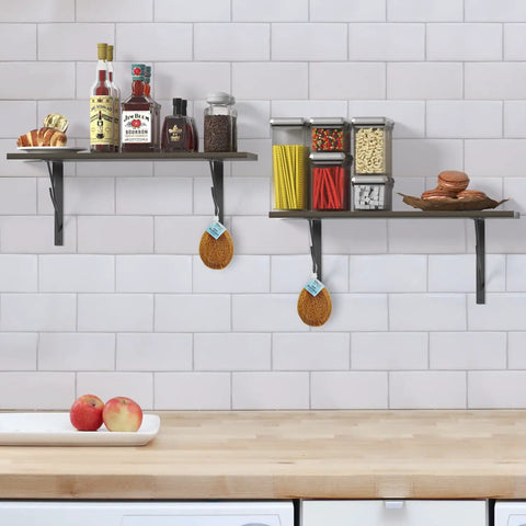 Kitchen with floating shelves mounted with Black 8 Inch Heavy Duty Floating Shelf Brackets Set of 4 with Rustic Tree Branch Design