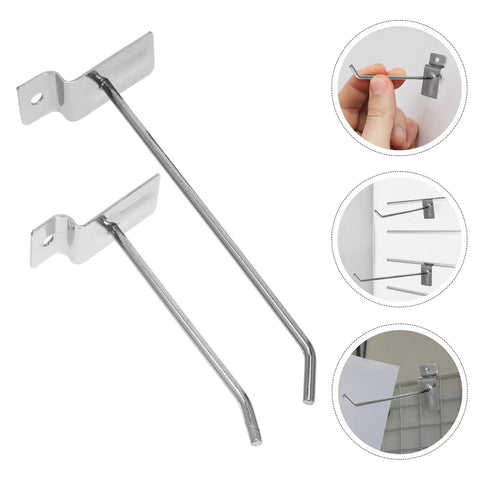 Heavy Duty Slatwall Hook Set 50 Pack for Retail Displays showing installation and use on slat boards and grid panels.