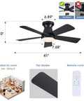 41 Inch Black Low Profile Ceiling Fan With Lights And Remote Modern Flush Mount Ceiling Fan With Ultra Quiet Reversible DC Motor