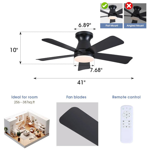41 Inch Black Low Profile Ceiling Fan With Lights And Remote Modern Flush Mount Ceiling Fan With Ultra Quiet Reversible DC Motor
