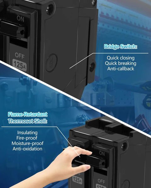 Rock Solid Double Pole 125 Amp Circuit Breaker Designed For Heavy Duty Residential Commercial And Industrial Electrical Panels With Battle Tested Overload Shielding and Quick Short Circuit Cutoff to Keep Your Rig Locked Down Safely On Demand, showing bridge switch and thermoset shell.