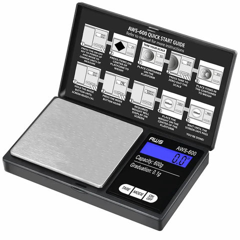 Pocket Digital Scale 600g Capacity With Zero Point One Gram Precision, LCD Display showing 0.0 grams with open guide