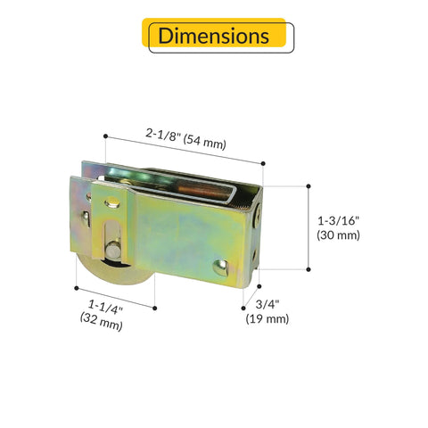 Side view of Patio Door Roller Assembly With Stamped Steel Housing And Dichromate Finish One And One Quarter Inch Steel Wheel Three Quarter Inch Width One And Three Sixteenths Inch Height Sliding Door Roller For Patio Track with dimensions.