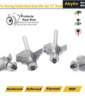 Top Shelf 4 Piece Bearing Guided Router Bit Set For Knockout Cabinet Millwork And Furniture Trimming Featuring Crisp Ovollo Profiles And Slick Double Ribbed Edges. Four router bits with 1/4 inch shank.