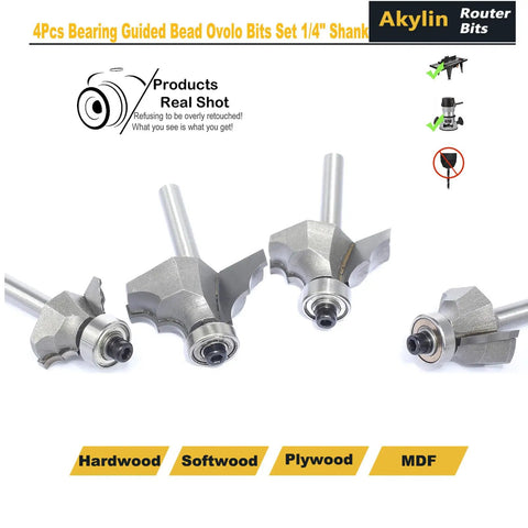Top Shelf 4 Piece Bearing Guided Router Bit Set For Knockout Cabinet Millwork And Furniture Trimming Featuring Crisp Ovollo Profiles And Slick Double Ribbed Edges. Four router bits with 1/4 inch shank.