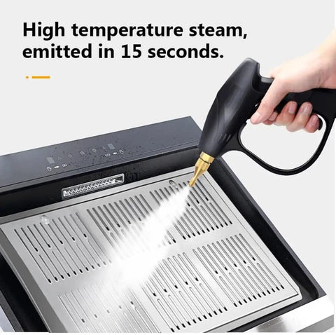 Piudoiliy 3200W High Pressure Steam Cleaner, 105C Hot Steam Generator spraying steam on metallic surface for cleaning.