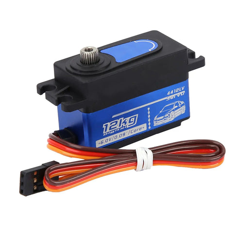 Heavy Duty One Ten Scale RC Servo Featuring All Metal Gears Twelve KG High Torque Digital Motor Built For RC Cars And Boats With Lightning Fast Response And Rock Solid Ride Ready Design showing the servo with wires.