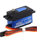 Robust 12Kg Digital Servo With Rugged Metal Gears For Remote Control Drift Cars Featuring High Core Motors And Slick Fast Reaction Built Tough For Weekend Warrior Driving Sessions, showing side angle with wires.