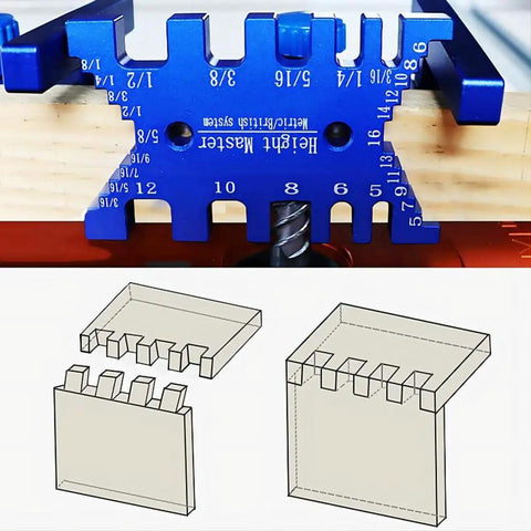 Pro Grade High Precision Aluminum Dovetail Caliper And Tenon Gauge For Woodworking Measuring Height And Gaps, Metric And Imperial, CNC Machined Aluminum Tool For Saw Tables And Machines MG016B in blue aluminum with dovetail template diagrams