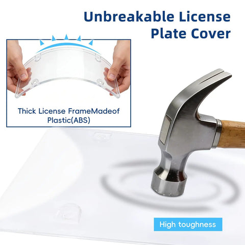 Unbreakable License Plate Covers With Screws, Impact Resistant ABS Front And Rear Protectors, shown with hammer test
