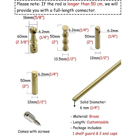 Totally Bulletproof Brackets 4 Pack Adjustable Shelf Supports With Posts And Screws Plus 46 Inch Spindle Fence Kit Keeps Your Cabinetry Locked Down Tight, showcasing brass connectors and screws.