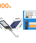 JUDYSSY Outdoor Solar Powered Street Flood Lights-400W Dusk to N Solar Security Led Lamp with Remote Control, for Yard, Garden, Street, Playground, Lens-300W, showcasing dimensions and included accessories.
