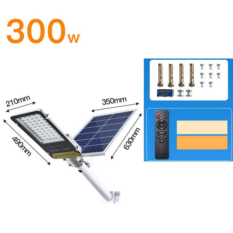 JUDYSSY Outdoor Solar Powered Street Flood Lights-400W Dusk to N Solar Security Led Lamp with Remote Control, for Yard, Garden, Street, Playground, Lens-300W, showcasing dimensions and included accessories.