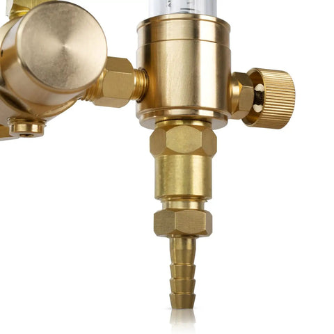 Close-up of dual argon regulator for TIG and MIG welding with flow meter 0 to 60 CFH CGA580 connection, brass detail