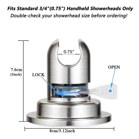 No Drill Suction Cup Shower Head Holder with Adhesive Discs Heavy Duty Wall Mount showing dimensions and lock mechanism