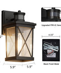 Motion Sensor Wall Sconces Two Pack Dusk To Dawn Outdoor Front Porch Lights Waterproof Auto Night Lighting With Motion Activated Full Brightness Then Dim To Low After One Minute; black finish metal with updated PIR+IC sensor.