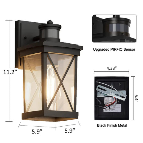 Motion Sensor Wall Sconces Two Pack Dusk To Dawn Outdoor Front Porch Lights Waterproof Auto Night Lighting With Motion Activated Full Brightness Then Dim To Low After One Minute; black finish metal with updated PIR+IC sensor.