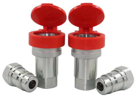 Two 1/2-inch hydraulic quick-connect couplers with red dust caps and chrome bodies.