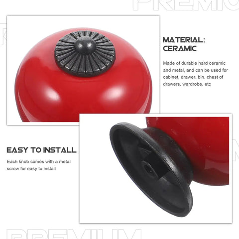 Slick Red Ceramic Cabinet Knobs With Top Notch Retro Flair For Kitchen Cupboards And Dressers One Point Five Inch Round Pull with metal base.