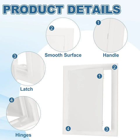 Dead Simple 12 By 10 Inch Drywall Access Panel With Rock Solid Adhesive Tape Clean White ABS Plastic Repair Hatch showing handle, latch, and hinges.