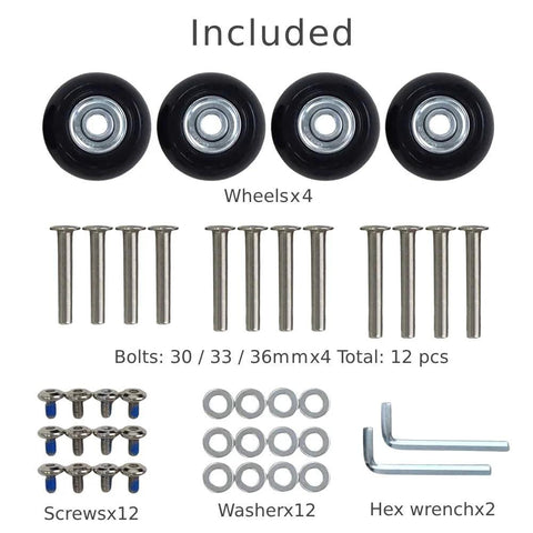 Luggage Wheels Replacement Set Of 4, 40mm X 18mm Universal Fit For Suitcases And Carts, with bolts, screws, washers, and hex wrenches