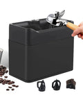 Straight Up Slick Electric Espresso Knock Box With Auto Portafilter Cleaner And Rapid Coffee Grounds Disposal Bin in classic black with portafilter brush.