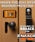 KNAACK padlock securing a tool storage unit door on the Heavy Duty Rolling Workbench Rig For Secure Garage Shop Tool Storage.