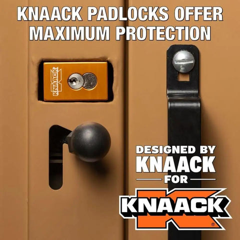 KNAACK padlock securing a tool storage unit door on the Heavy Duty Rolling Workbench Rig For Secure Garage Shop Tool Storage.