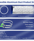 4 Inch Flexible Fire Resistant Aluminum Dryer Vent Hose With Stainless Steel Clamps For Tight Spaces In Dryers Bathrooms Workshops Grill Rooms And Grow Tents No Fuss Installation, showing hose and clamps dimensions.