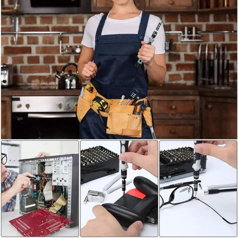 Technician using 115-In-1 Precision Screwdriver Set With Magnetic Bits on electronics and gadgets.