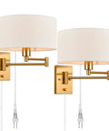 Gold Plug In Wall Sconces Set Of Two With Brass Swing Arm Lamps, White Linen Drum Shade, Plug In Cord And On Off Canopy Switch