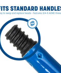 Detail of Heavy Duty 48 Inch Powder Coated Metal Broom Handle With Smooth Plastic Thread Attachment and Secure Hanging Cap standard ACME fitting.