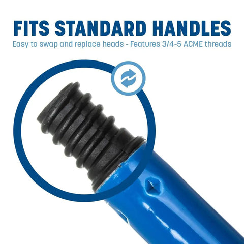 Detail of Heavy Duty 48 Inch Powder Coated Metal Broom Handle With Smooth Plastic Thread Attachment and Secure Hanging Cap standard ACME fitting.