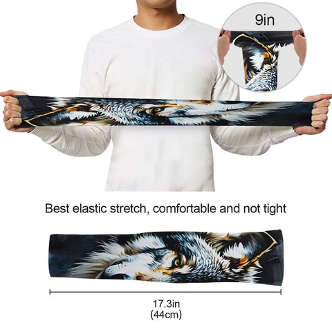 Seamless Cooling Arm Sleeves With A Dope Wolf Face Print Give You Straight Up UPF Fifty Shielding Lightweight Nylon Stays Cool And Stops Rolling So You Can Hit The Course Or Trails While Keeping Tattoos Covered All Day Long
