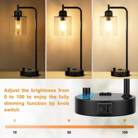 Bedside Table Lamp With USB C Charging Port And Outlets Fully Stepless Dimmable Black Desk Lamp With Glass Shade illustrating dimming feature