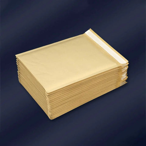 Self Sealing Kraft Bubble Mailers 16x22cm Padded Shipping Bags 25 Pack for Mailing, shown stacked on dark background