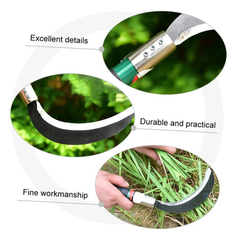 Close-up of Two Pack Manganese Steel Reaping Hook Weeding Sickle With Ergonomic Short Handle showing blade details and gardening use.