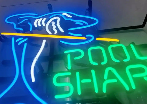 Hand Crafted Glass Tube Neon Sign For Beer Bar, 17 Inch Wide By 13 Inch High, Retro Neon Lights With Bold Glass Tubes, Pool Shark Design