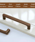 Dark Walnut Solid Wood Cabinet Pulls 2 Pack for Cabinets Doors Drawers Cupboards and Dressers 160mm, showing sleek design on surface.