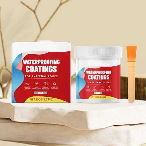 Transparent Waterproof Sealant For Wall And Roof Repair Adhesive That Handles Heavy Rain And Standing Water Like A Boss While Guarding Concrete Metal And Tiles Forever in grey packaging with application brush.