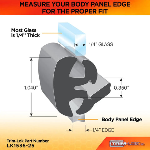 Diagram showing dimensions for EPDM Dense Rubber Locking Window Gasket For 1/4 Inch Glass And 1/4 Inch Panel Edge, 25 Foot Inline Locking Weather Stripping Seal For Vehicles Boats And Equipment