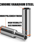 Quarter Inch Drive Metric Master Socket Set, showing chrome vanadium steel socket with mirror finish and size markings.