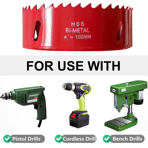 4 Inch HSS Bi-Metal Hole Saw With Arbor And Mandrel, ideal for drills, showing compatibility with pistol, cordless, and bench drills