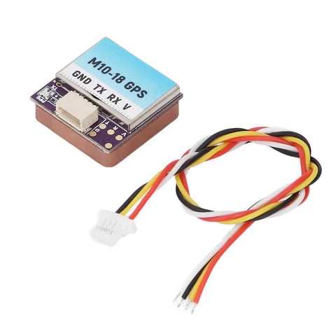 GPS Module For FPV Drones With M10 Chip, 10Hz Output, Ceramic Construction, and SH1.0 4P Connector next to wiring cable