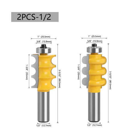 Top Shelf 2 Piece Triple Bead Column Molding Router Bit Set For Fancy Woodwork And Furniture Legs Featuring Fast Tenon Cutter Action To Chip Away Pretty Decorative Profiles In One Smooth Pass, showing two carbide router bits dimensions.