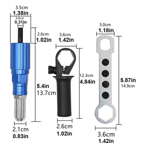 Handy Electric Drill Riveting Attachment That Turns Your Power Tool Into A Serious Riveter With High Carbon Steel Build And 4 Sizes For Aluminum Or Stainless Steal Jobs Fast, dimensions shown
