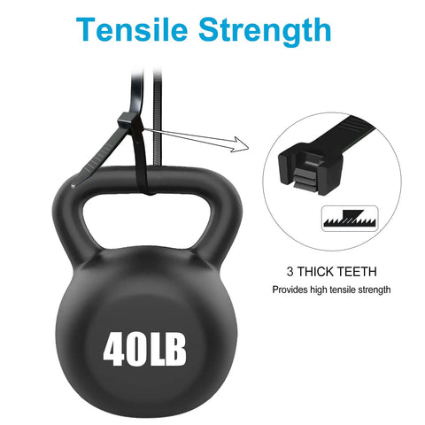 8 Inch Zip Ties 100 Pack With 40Lb Tensile Strength Black Cable Ties holding a 40 lb kettlebell illustration